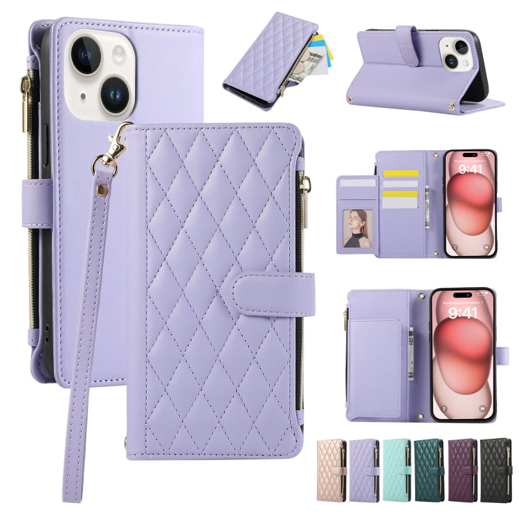 Rhombic Zipper Wallet Leather Phone Case, For iPhone 15 Pro, For iPhone 15 Plus, For iPhone 15, For iPhone 14 Plus, For iPhone 14