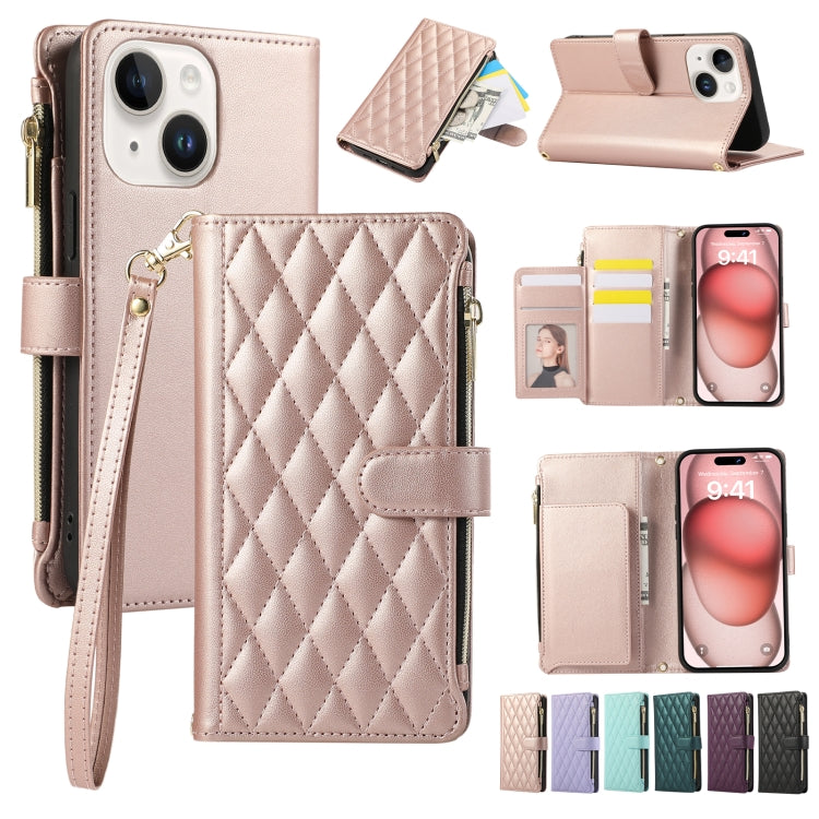 Rhombic Zipper Wallet Leather Phone Case, For iPhone 15 Pro, For iPhone 15 Plus, For iPhone 15, For iPhone 14 Plus, For iPhone 14