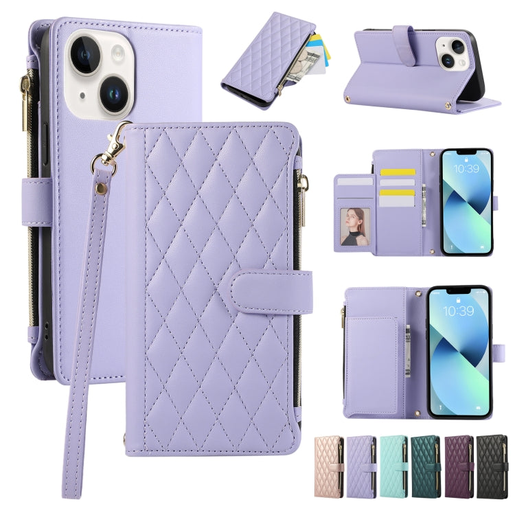 Rhombic Zipper Wallet Leather Phone Case, For iPhone 15 Pro, For iPhone 15 Plus, For iPhone 15, For iPhone 14 Plus, For iPhone 14