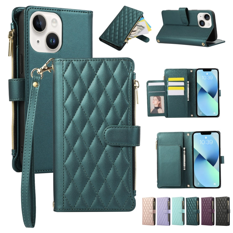 Rhombic Zipper Wallet Leather Phone Case, For iPhone 15 Pro, For iPhone 15 Plus, For iPhone 15, For iPhone 14 Plus, For iPhone 14