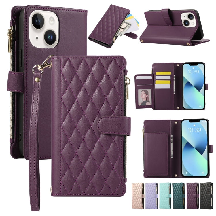 Rhombic Zipper Wallet Leather Phone Case, For iPhone 15 Pro, For iPhone 15 Plus, For iPhone 15, For iPhone 14 Plus, For iPhone 14