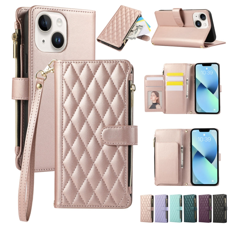 Rhombic Zipper Wallet Leather Phone Case, For iPhone 15 Pro, For iPhone 15 Plus, For iPhone 15, For iPhone 14 Plus, For iPhone 14