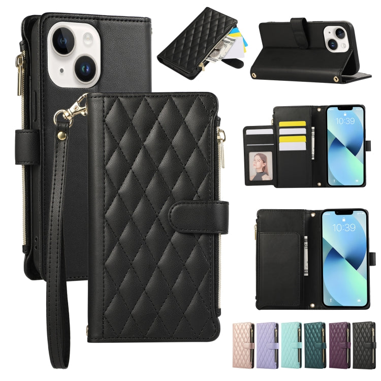 Rhombic Zipper Wallet Leather Phone Case, For iPhone 15 Pro, For iPhone 15 Plus, For iPhone 15, For iPhone 14 Plus, For iPhone 14