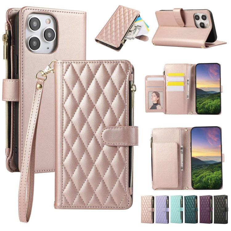 Rhombic Zipper Wallet Leather Phone Case, For iPhone 13, For iPhone 13 mini, For iPhone 12 / 12 Pro, For iPhone 12 Pro Max, For iPhone 12 mini