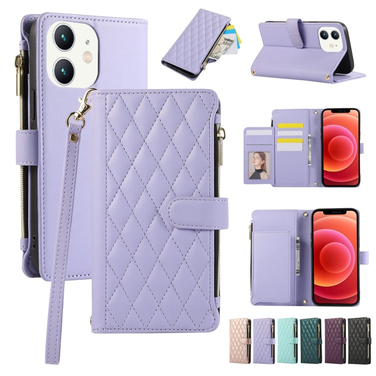 Rhombic Zipper Wallet Leather Phone Case, For iPhone 13, For iPhone 13 mini, For iPhone 12 / 12 Pro, For iPhone 12 Pro Max, For iPhone 12 mini