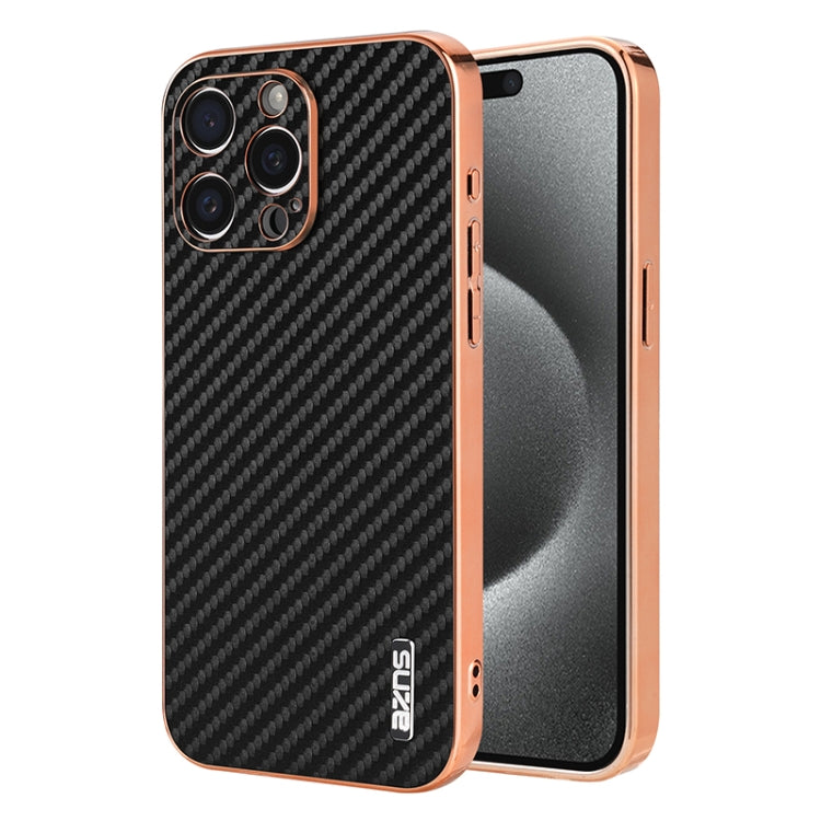 AZNS Electroplated Edge Carbon Fiber Texture Phone Case, For iPhone 16e, For iPhone 16 Pro Max, For iPhone 16 Pro, For iPhone 16 Plus, For iPhone 16, For iPhone 15 Pro Max, For iPhone 15 Pro, For iPhone 15 Plus