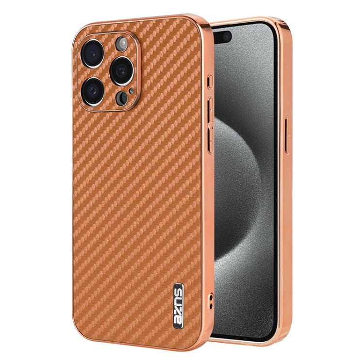 AZNS Electroplated Edge Carbon Fiber Texture Phone Case, For iPhone 16e, For iPhone 16 Pro Max, For iPhone 16 Pro, For iPhone 16 Plus, For iPhone 16, For iPhone 15 Pro Max, For iPhone 15 Pro, For iPhone 15 Plus