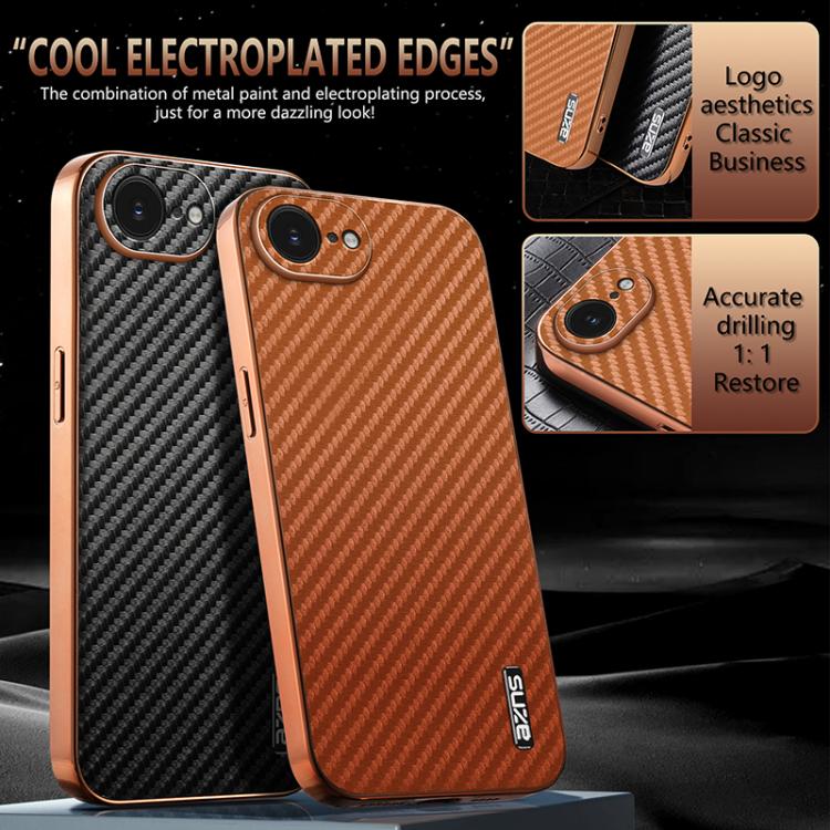 AZNS Electroplated Edge Carbon Fiber Texture Phone Case, For iPhone 16e, For iPhone 16 Pro Max, For iPhone 16 Pro, For iPhone 16 Plus, For iPhone 16, For iPhone 15 Pro Max, For iPhone 15 Pro, For iPhone 15 Plus