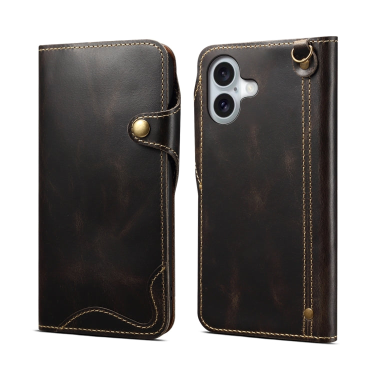 Denior B01 Oil Wax Cowhide Magnetic Button Genuine Leather Case, For iPhone 16 Pro Max, For iPhone 16 Pro, For iPhone 16 Plus, For iPhone 16