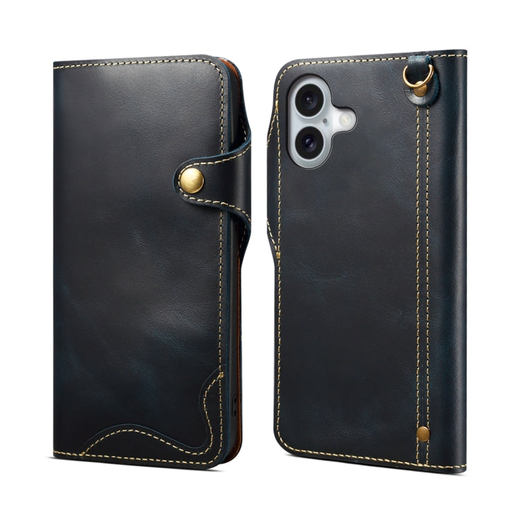 Denior B01 Oil Wax Cowhide Magnetic Button Genuine Leather Case, For iPhone 16 Pro Max, For iPhone 16 Pro, For iPhone 16 Plus, For iPhone 16