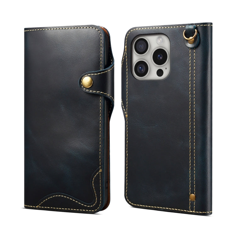 Denior B01 Oil Wax Cowhide Magnetic Button Genuine Leather Case, For iPhone 16 Pro Max, For iPhone 16 Pro, For iPhone 16 Plus, For iPhone 16