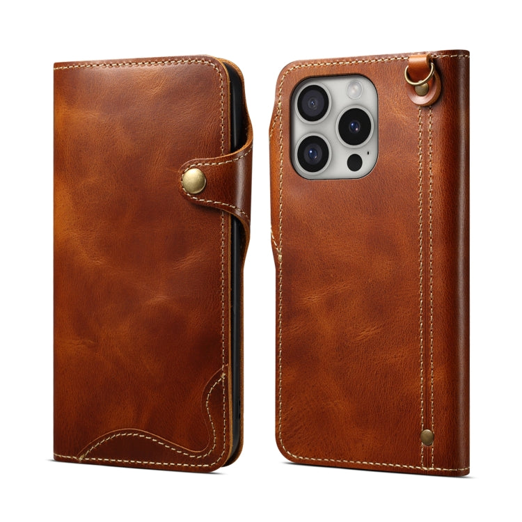 Denior B01 Oil Wax Cowhide Magnetic Button Genuine Leather Case, For iPhone 16 Pro Max, For iPhone 16 Pro, For iPhone 16 Plus, For iPhone 16