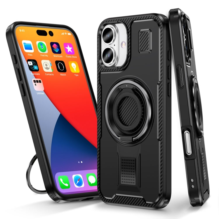 Ring Holder Carbon Fiber PC Hybrid TPU Phone Case, For iPhone 16 Pro Max, For iPhone 16 Pro, For iPhone 16 Plus, For iPhone 16