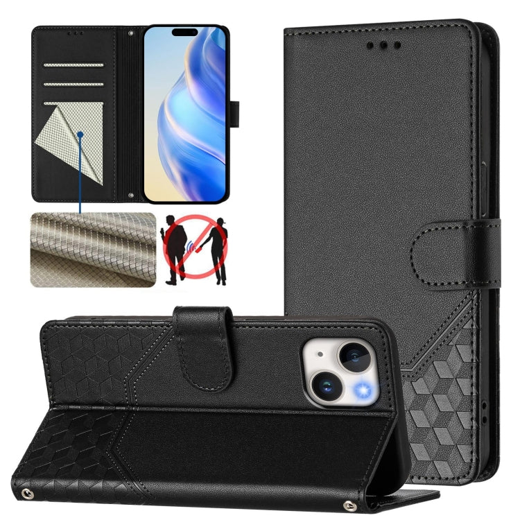 Honeycomb Embossing RFID Leather Phone Case, For iPhone 15 Pro Max, For iPhone 15 Pro, For iPhone 15 Plus, For iPhone 15, For iPhone 14 Plus