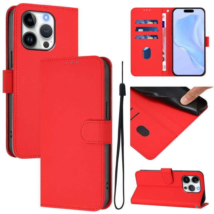 Skin Feel Solid Color Leather Phone Case with Lanyard, For iPhone 16 Pro