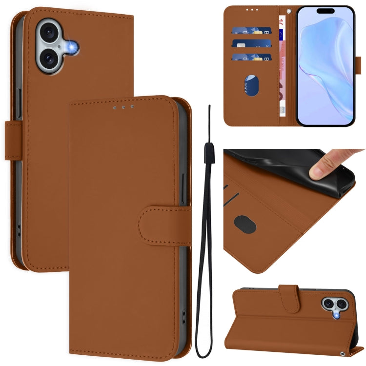 Skin Feel Solid Color Leather Phone Case with Lanyard, For iPhone 16 Plus