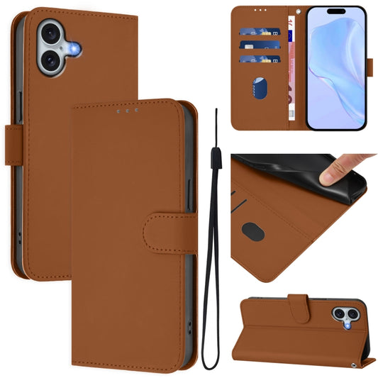 Skin Feel Solid Color Leather Phone Case with Lanyard, For iPhone 16 Plus