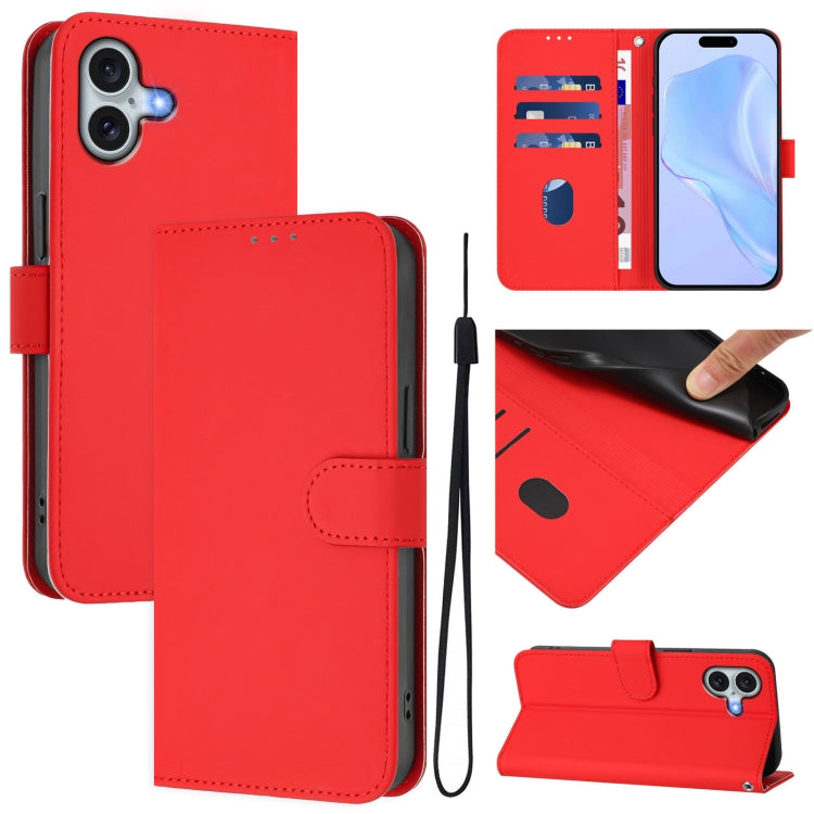 Skin Feel Solid Color Leather Phone Case with Lanyard, For iPhone 16 Plus