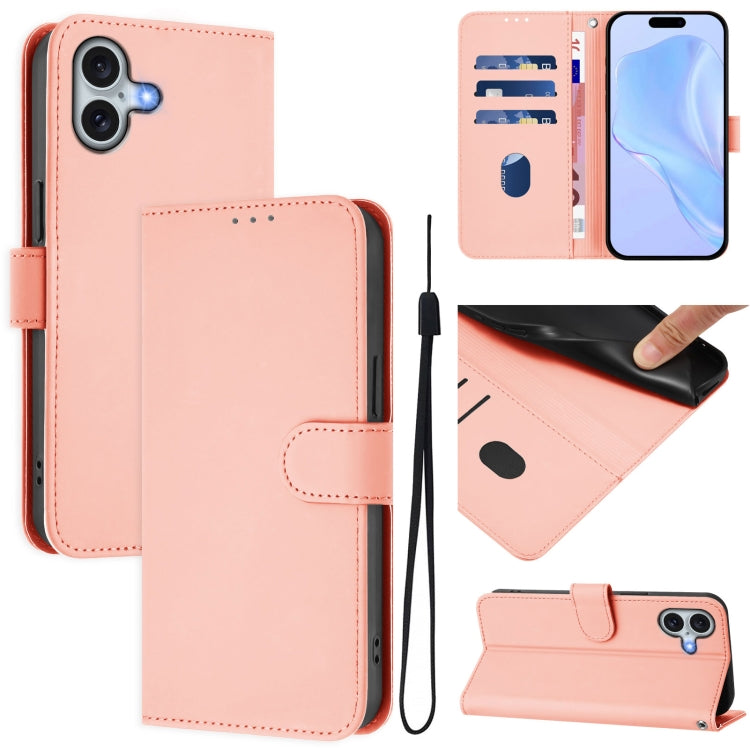 Skin Feel Solid Color Leather Phone Case with Lanyard, For iPhone 16 Plus