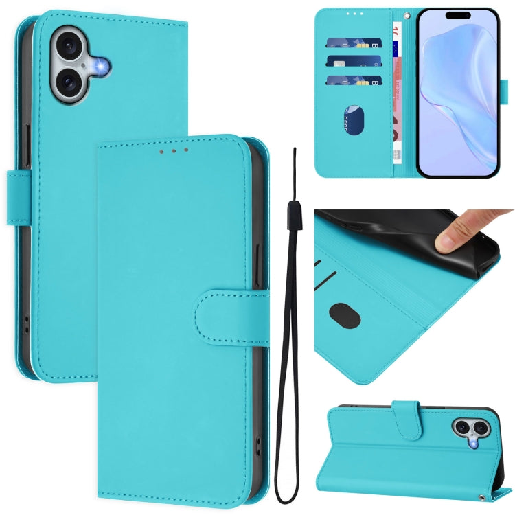 Skin Feel Solid Color Leather Phone Case with Lanyard, For iPhone 16 Plus