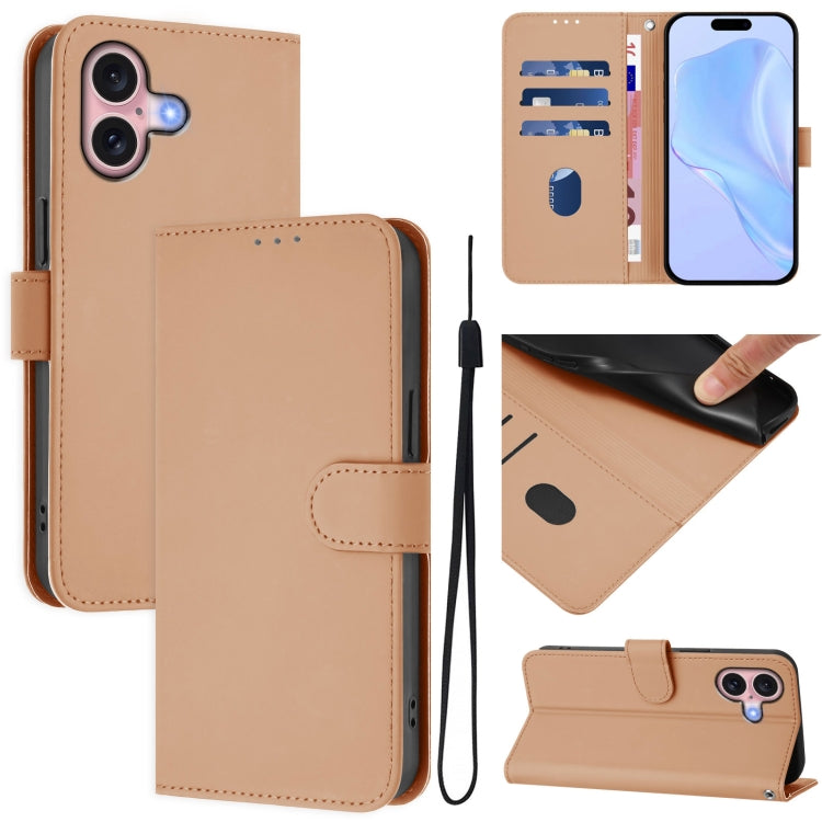 Skin Feel Solid Color Leather Phone Case with Lanyard, For iPhone 16