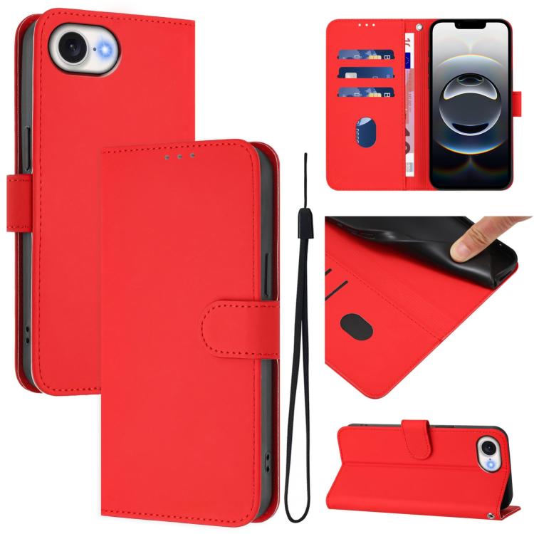 Skin Feel Solid Color Leather Phone Case with Lanyard, iPhone 16e