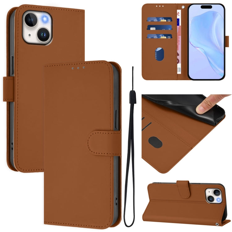 Skin Feel Solid Color Leather Phone Case with Lanyard, For iPhone 15