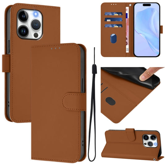 Skin Feel Solid Color Leather Phone Case with Lanyard, For iPhone 14 Pro