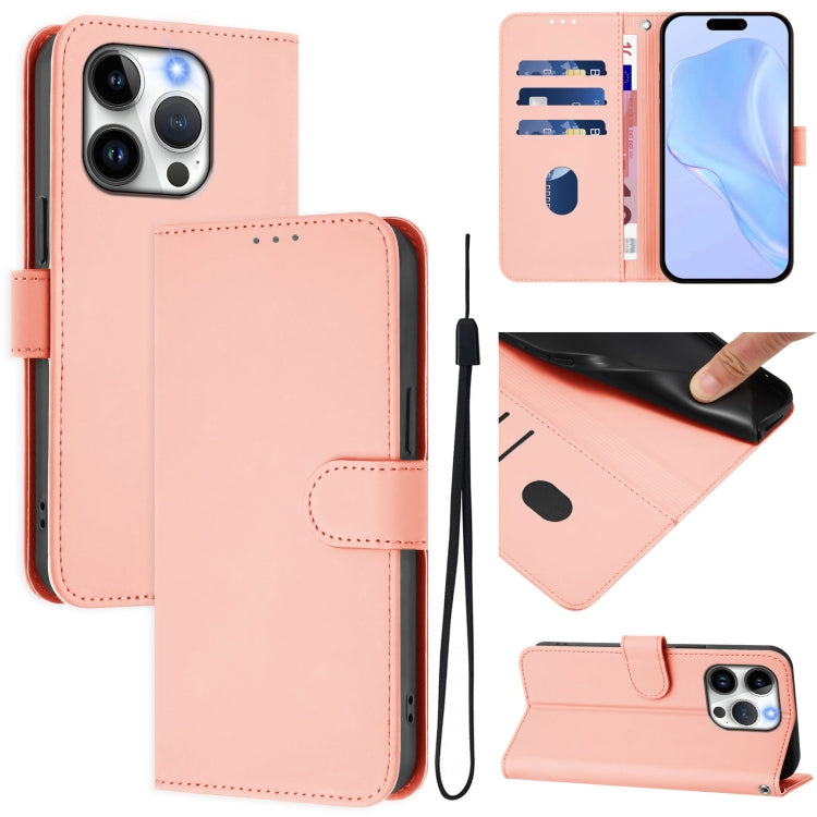 Skin Feel Solid Color Leather Phone Case with Lanyard, For iPhone 14 Pro