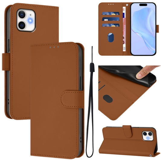 Skin Feel Solid Color Leather Phone Case with Lanyard, For iPhone 12 / 12 Pro