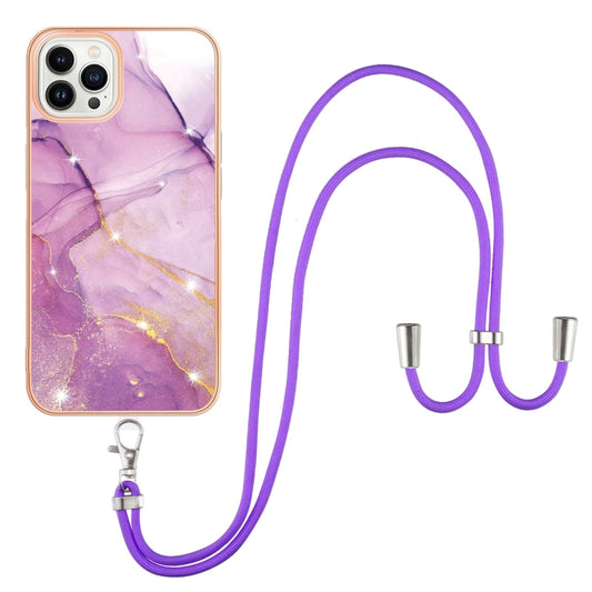 Electroplating Marble Dual-side IMD Phone Case with Lanyard, For iPhone 16 Pro Max, For iPhone 16 Pro, For iPhone 16 Plus, For iPhone 16