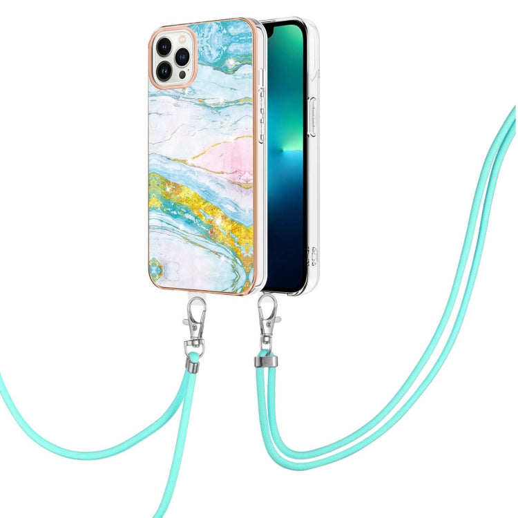 Electroplating Marble Dual-side IMD Phone Case with Lanyard, For iPhone 16 Pro Max, For iPhone 16 Pro, For iPhone 16 Plus, For iPhone 16