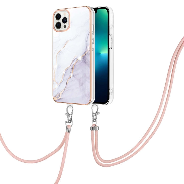 Electroplating Marble Dual-side IMD Phone Case with Lanyard, For iPhone 16 Pro Max, For iPhone 16 Pro, For iPhone 16 Plus, For iPhone 16