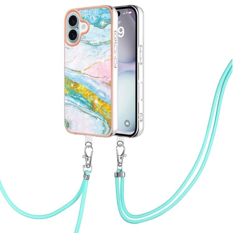 Electroplating Marble Dual-side IMD Phone Case with Lanyard, For iPhone 16 Pro Max, For iPhone 16 Pro, For iPhone 16 Plus, For iPhone 16