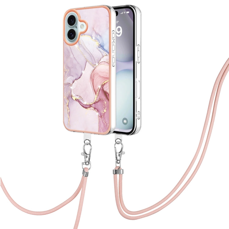 Electroplating Marble Dual-side IMD Phone Case with Lanyard, For iPhone 16 Pro Max, For iPhone 16 Pro, For iPhone 16 Plus, For iPhone 16