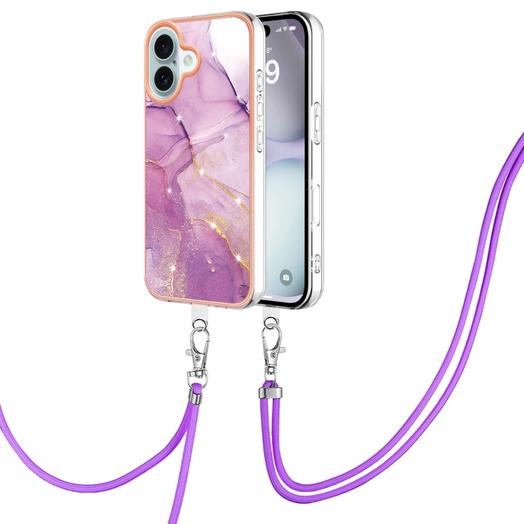 Electroplating Marble Dual-side IMD Phone Case with Lanyard, For iPhone 16 Pro Max, For iPhone 16 Pro, For iPhone 16 Plus, For iPhone 16