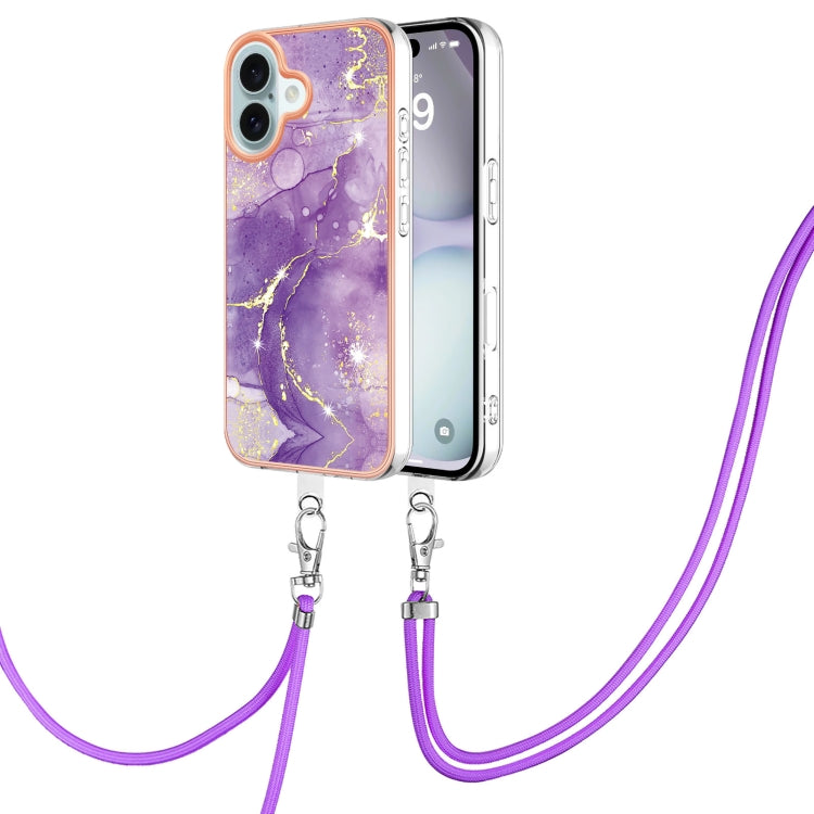 Electroplating Marble Dual-side IMD Phone Case with Lanyard, For iPhone 16 Pro Max, For iPhone 16 Pro, For iPhone 16 Plus, For iPhone 16