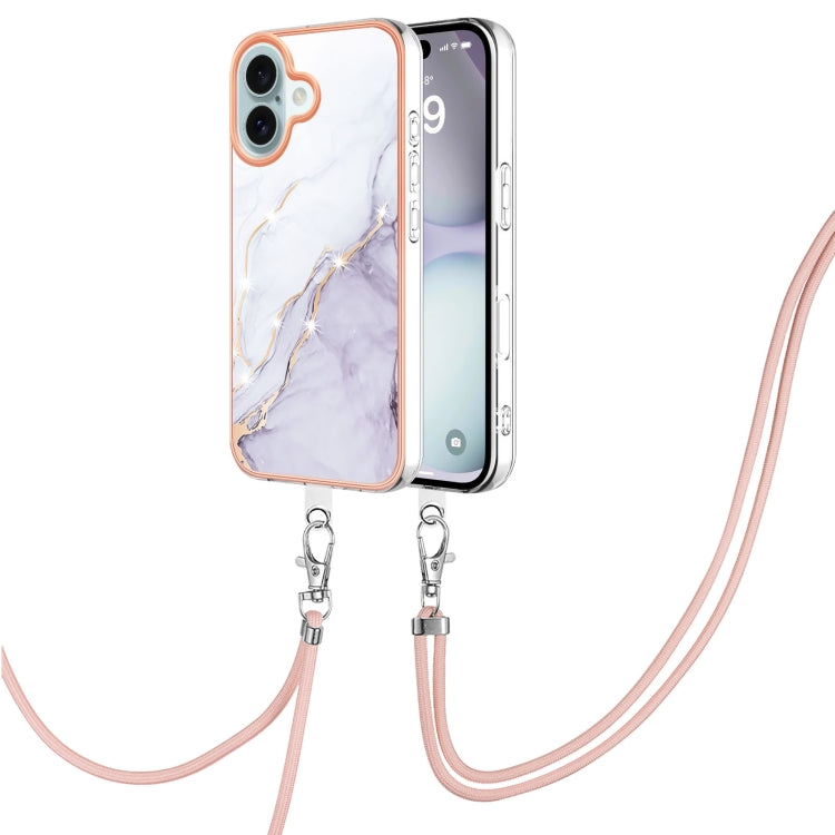 Electroplating Marble Dual-side IMD Phone Case with Lanyard, For iPhone 16 Pro Max, For iPhone 16 Pro, For iPhone 16 Plus, For iPhone 16