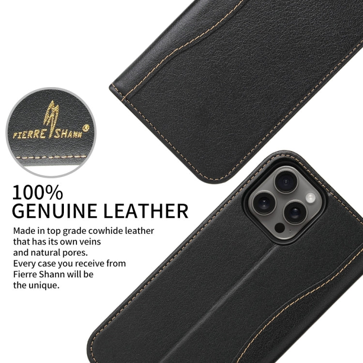 Fierre Shann Cowhide Leather Flip Leather Phone Case, For iPhone 16 Pro Max, For iPhone 16 Pro, For iPhone 16 Plus, For iPhone 16