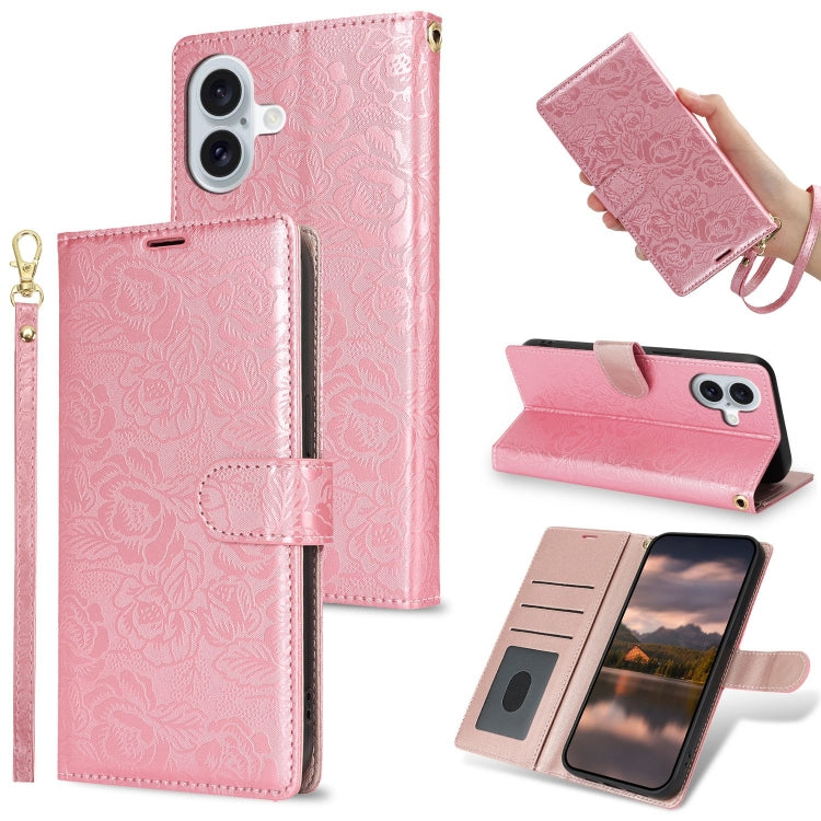 Peony Flowers Imprint Leather Phone Case, For iPhone 16 Pro Max, For iPhone 16 Pro, For iPhone 16 Plus, For iPhone 16, For iPhone 15 Pro Max, For iPhone 15 Pro