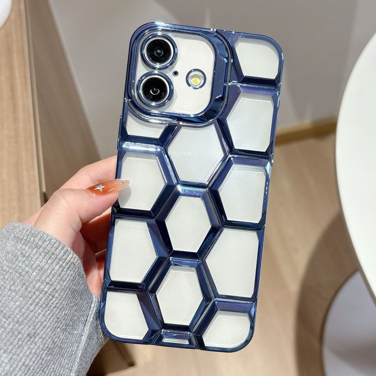 Electroplating Laser Engraving 3D Honeycomb Clear TPU Phone Case, For iPhone 16 Pro Max, For iPhone 16 Pro, For iPhone 16 Plus, For iPhone 16, For iPhone 15 Pro Max