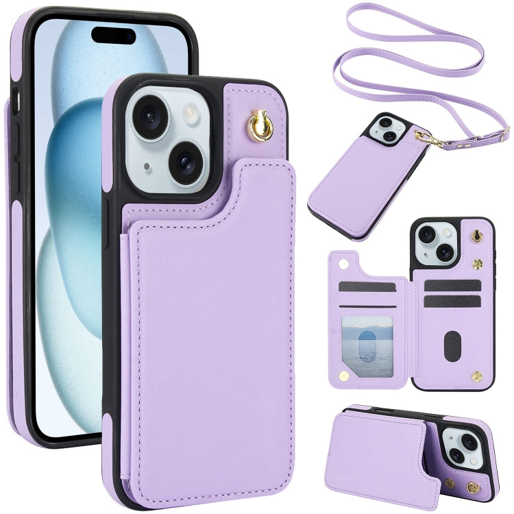 Crossbody Dual-Buckle Wallet Back Leather Phone Case, For iPhone 15 Pro, For iPhone 15 Plus, For iPhone 15, For iPhone 14 Plus, For iPhone 14 / 13