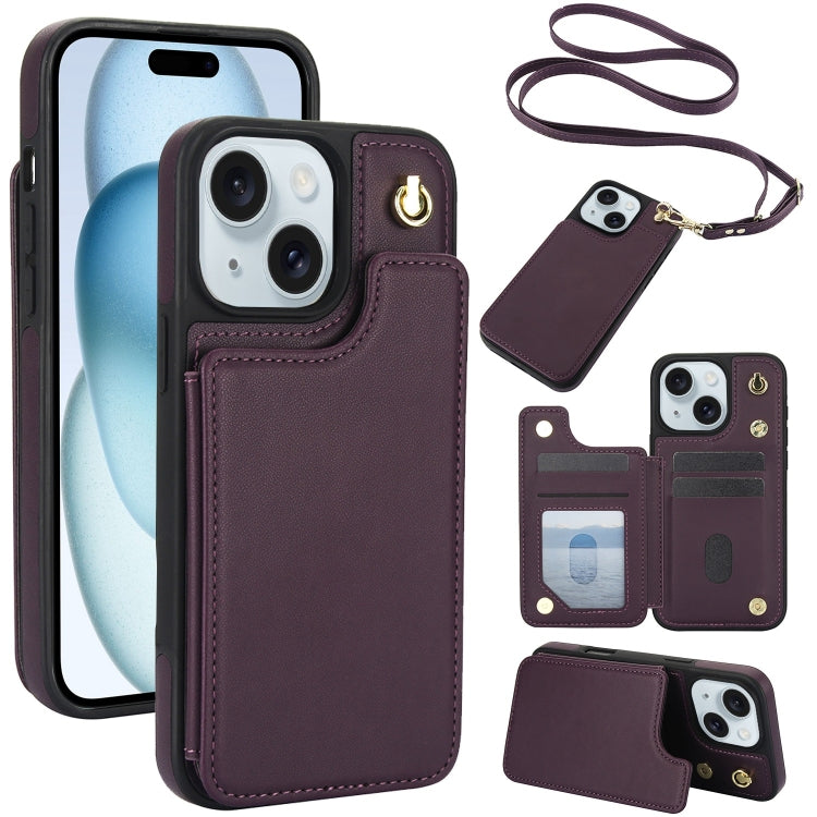 Crossbody Dual-Buckle Wallet Back Leather Phone Case, For iPhone 15 Pro, For iPhone 15 Plus, For iPhone 15, For iPhone 14 Plus, For iPhone 14 / 13