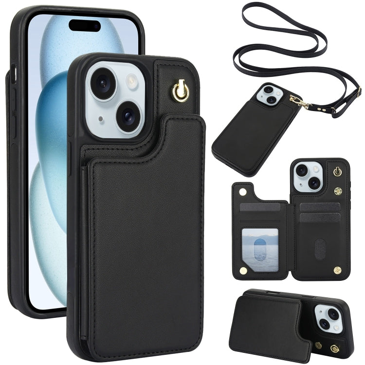 Crossbody Dual-Buckle Wallet Back Leather Phone Case, For iPhone 15 Pro, For iPhone 15 Plus, For iPhone 15, For iPhone 14 Plus, For iPhone 14 / 13