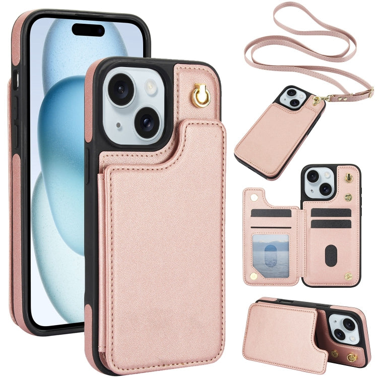 Crossbody Dual-Buckle Wallet Back Leather Phone Case, For iPhone 15 Pro, For iPhone 15 Plus, For iPhone 15, For iPhone 14 Plus, For iPhone 14 / 13