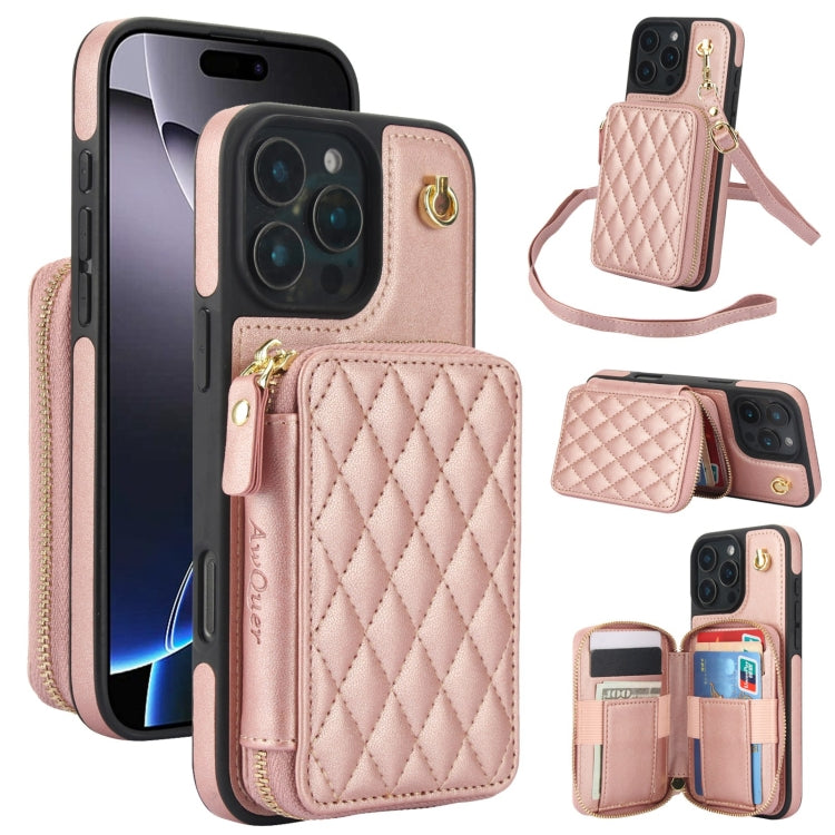 AwQuer Crossbody Zipper Wallet Rhombic Leather Back Phone Case, For iPhone 16 Pro Max, For iPhone 16 Pro, For iPhone 16 Plus, For iPhone 16