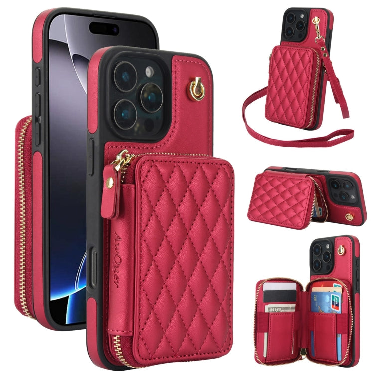 AwQuer Crossbody Zipper Wallet Rhombic Leather Back Phone Case, For iPhone 16 Pro Max, For iPhone 16 Pro, For iPhone 16 Plus, For iPhone 16