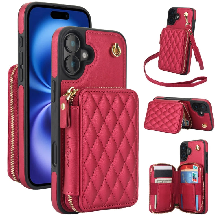 AwQuer Crossbody Zipper Wallet Rhombic Leather Back Phone Case, For iPhone 16 Pro Max, For iPhone 16 Pro, For iPhone 16 Plus, For iPhone 16