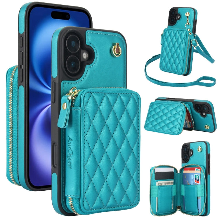 AwQuer Crossbody Zipper Wallet Rhombic Leather Back Phone Case, For iPhone 16 Pro Max, For iPhone 16 Pro, For iPhone 16 Plus, For iPhone 16