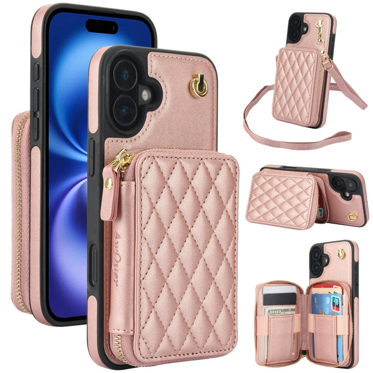 AwQuer Crossbody Zipper Wallet Rhombic Leather Back Phone Case, For iPhone 16 Pro Max, For iPhone 16 Pro, For iPhone 16 Plus, For iPhone 16